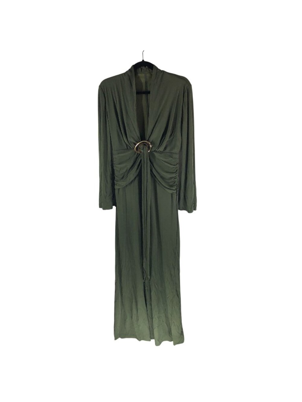 Halston Ahano Jersey Gown Maxi Dress Deep V-Neck Olive Green Long Sleeve 8